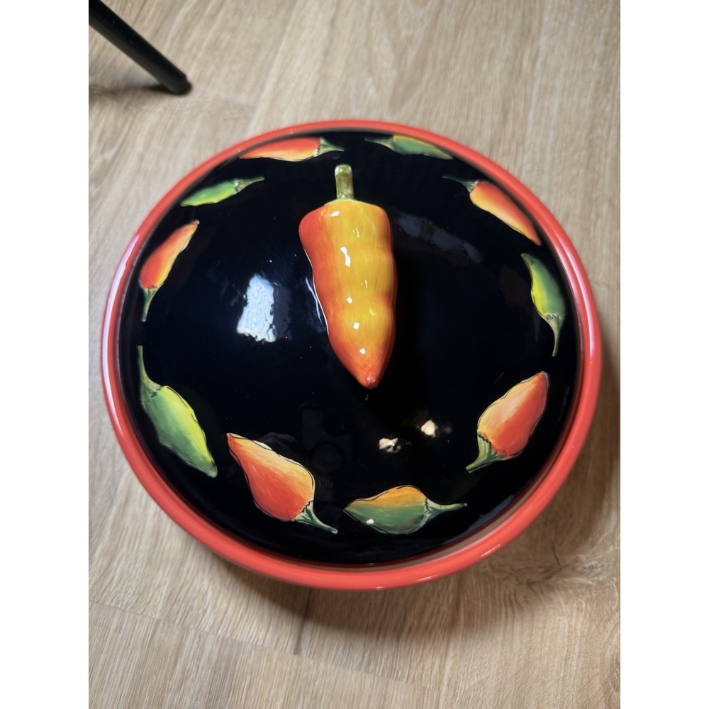 Clay Art Fiesta Yellow Green Red Peppers Black Lidded Covered Tortilla Warmer - Picture 4 of 10